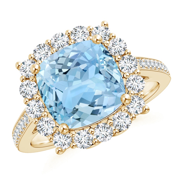 9mm AAAA Cushion Aquamarine Cocktail Ring with Diamond Halo in Yellow Gold 