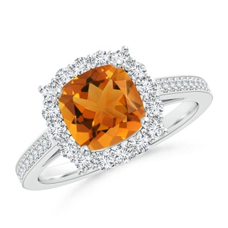 7mm AAA Cushion Citrine Cocktail Ring with Diamond Halo in White Gold