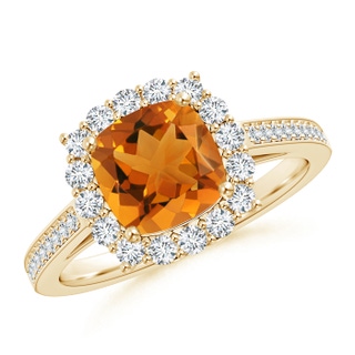 7mm AAA Cushion Citrine Cocktail Ring with Diamond Halo in Yellow Gold