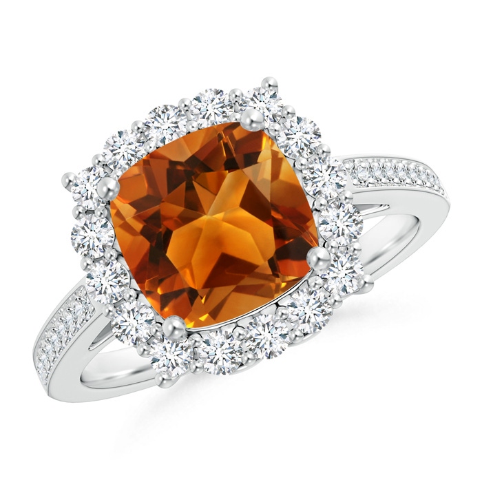 8mm AAAA Cushion Citrine Cocktail Ring with Diamond Halo in White Gold