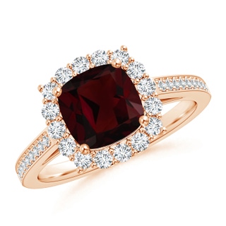 7mm A Cushion Garnet Cocktail Ring with Diamond Halo in 9K Rose Gold