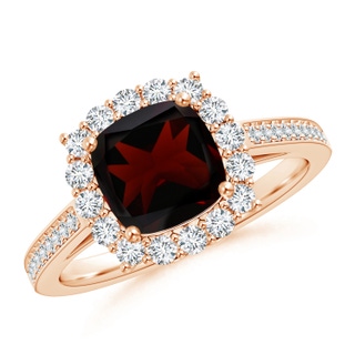 7mm A Cushion Garnet Cocktail Ring with Diamond Halo in Rose Gold