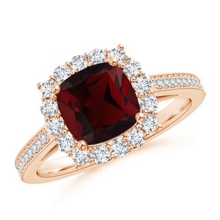 7mm AA Cushion Garnet Cocktail Ring with Diamond Halo in 9K Rose Gold