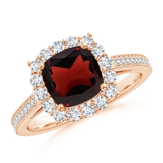 7mm AA Cushion Garnet Cocktail Ring with Diamond Halo in Rose Gold