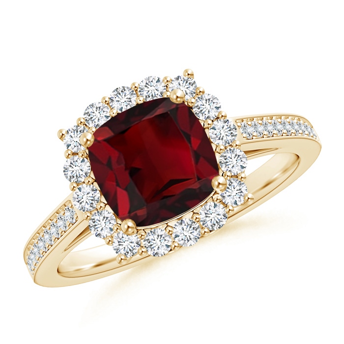 7mm AAA Cushion Garnet Cocktail Ring with Diamond Halo in 9K Yellow Gold