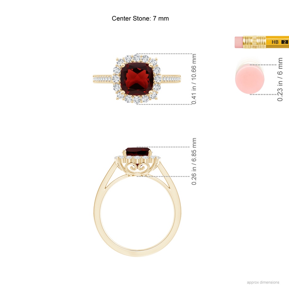 7mm AAA Cushion Garnet Cocktail Ring with Diamond Halo in 9K Yellow Gold ruler