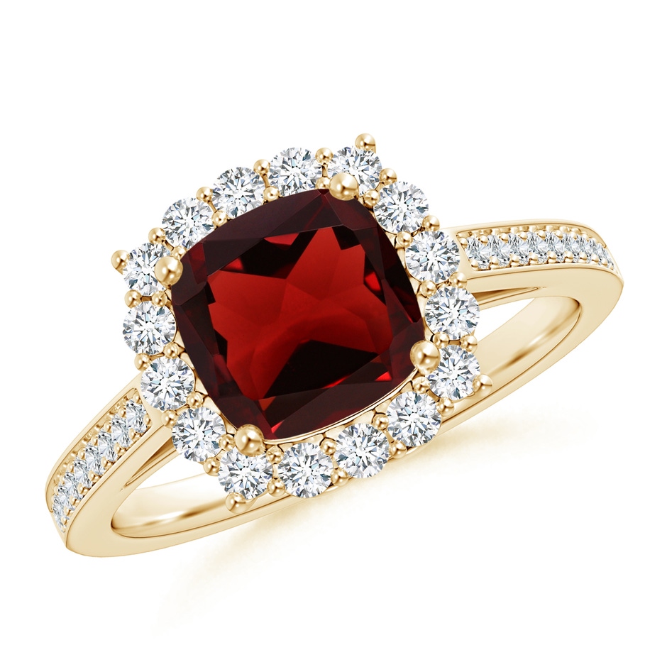7mm AAA Cushion Garnet Cocktail Ring with Diamond Halo in Yellow Gold 