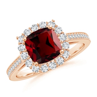 7mm AAAA Cushion Garnet Cocktail Ring with Diamond Halo in 9K Rose Gold