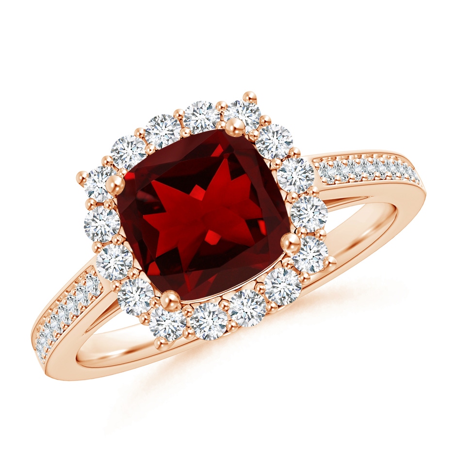 7mm AAAA Cushion Garnet Cocktail Ring with Diamond Halo in Rose Gold 