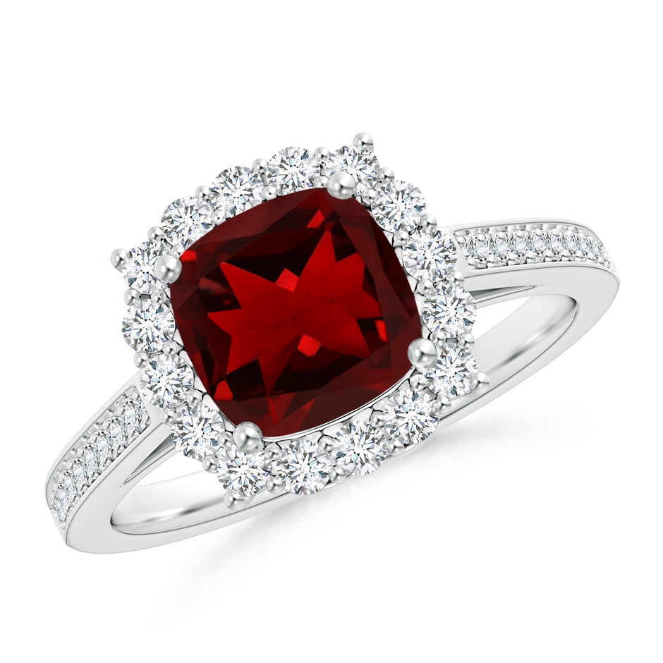 7mm AAAA Cushion Garnet Cocktail Ring with Diamond Halo in White Gold 