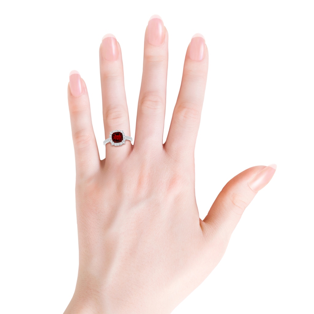 7mm AAAA Cushion Garnet Cocktail Ring with Diamond Halo in White Gold Body-Hand