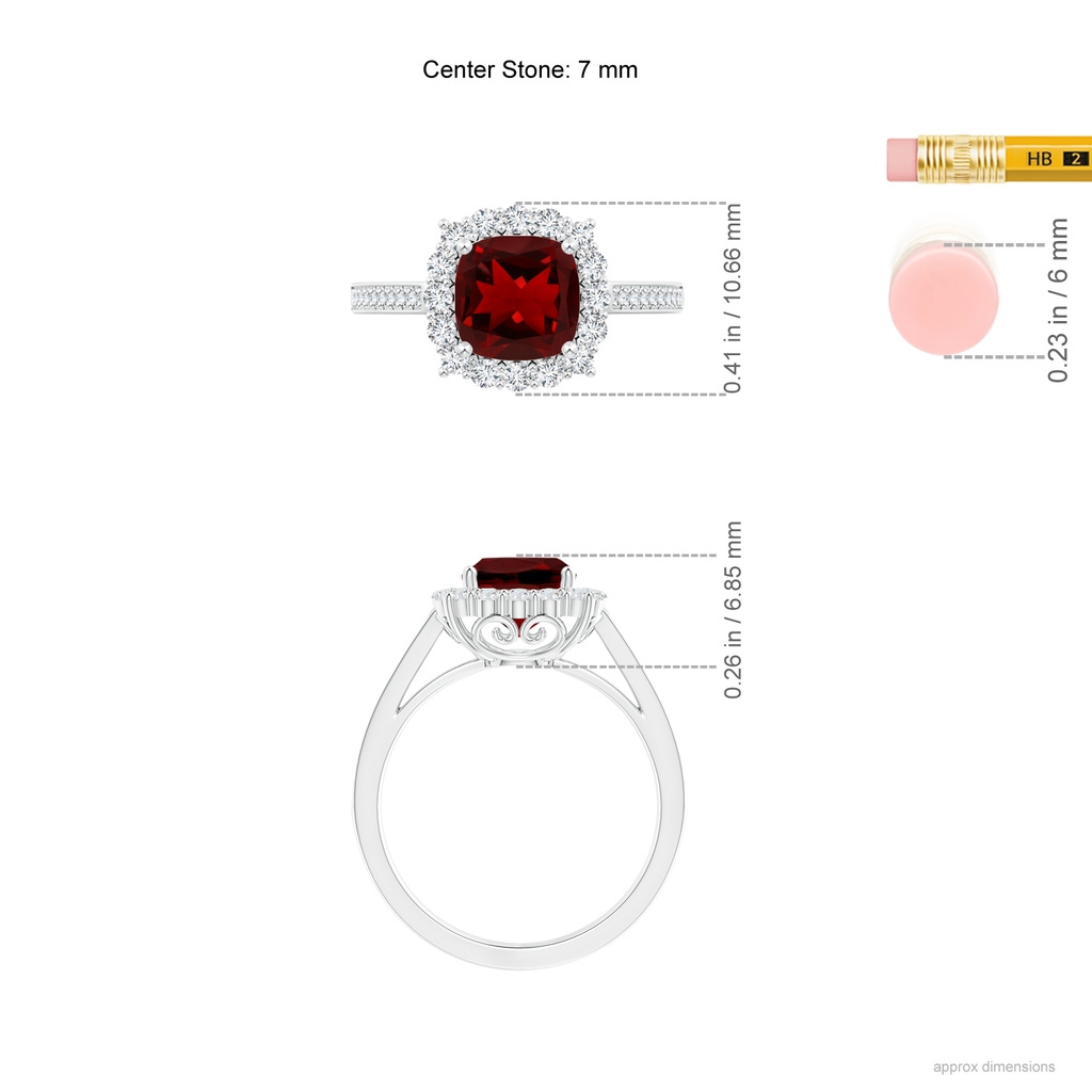 7mm AAAA Cushion Garnet Cocktail Ring with Diamond Halo in White Gold Ruler
