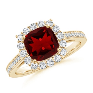 7mm AAAA Cushion Garnet Cocktail Ring with Diamond Halo in Yellow Gold