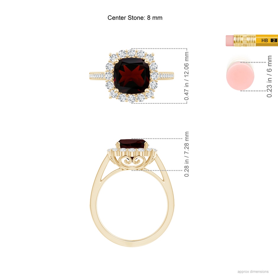 8mm A Cushion Garnet Cocktail Ring with Diamond Halo in 18K Yellow Gold ruler
