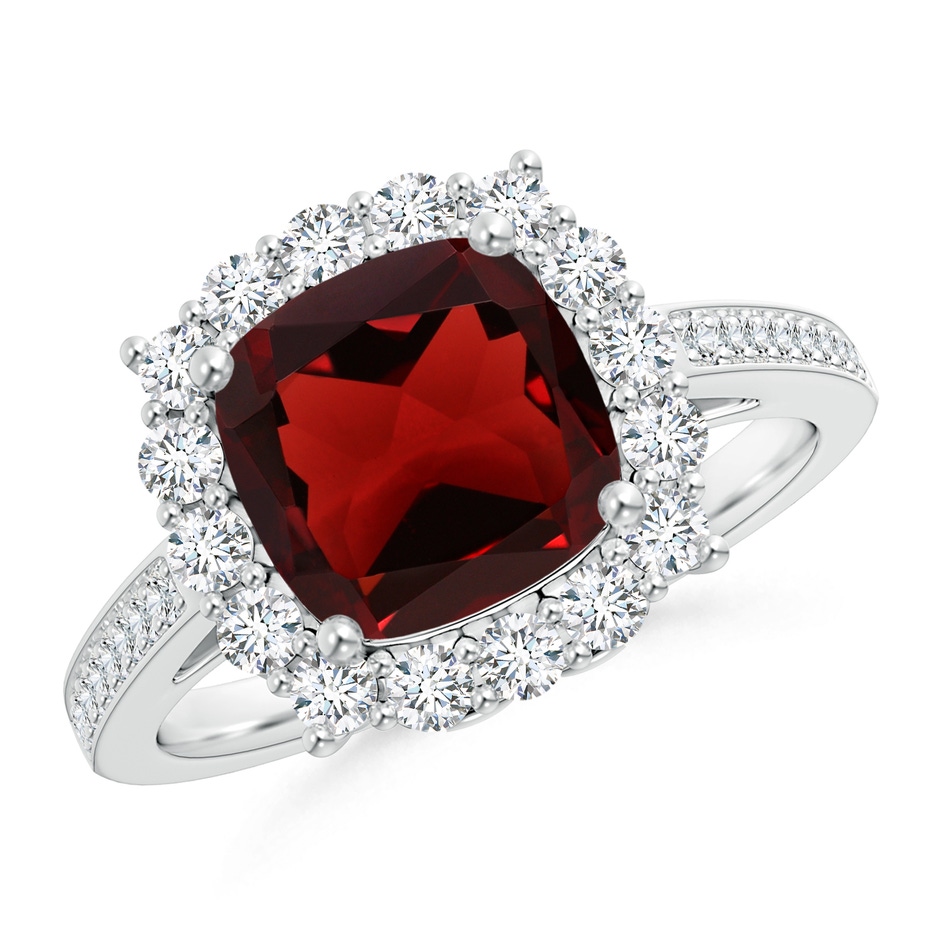 8mm AAA Cushion Garnet Cocktail Ring with Diamond Halo in White Gold 