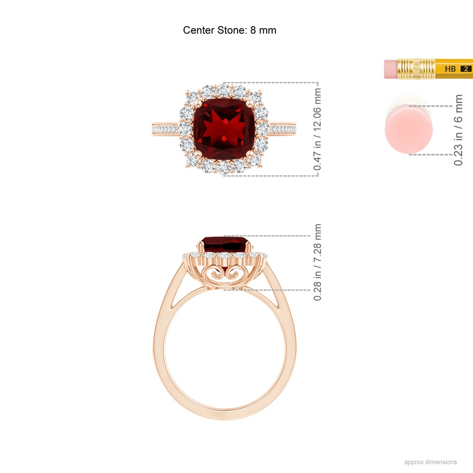 8mm AAAA Cushion Garnet Cocktail Ring with Diamond Halo in 18K Rose Gold ruler