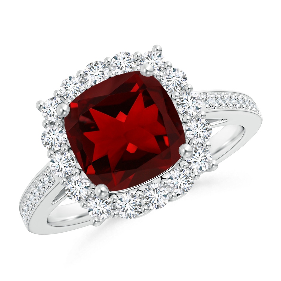 8mm AAAA Cushion Garnet Cocktail Ring with Diamond Halo in P950 Platinum 