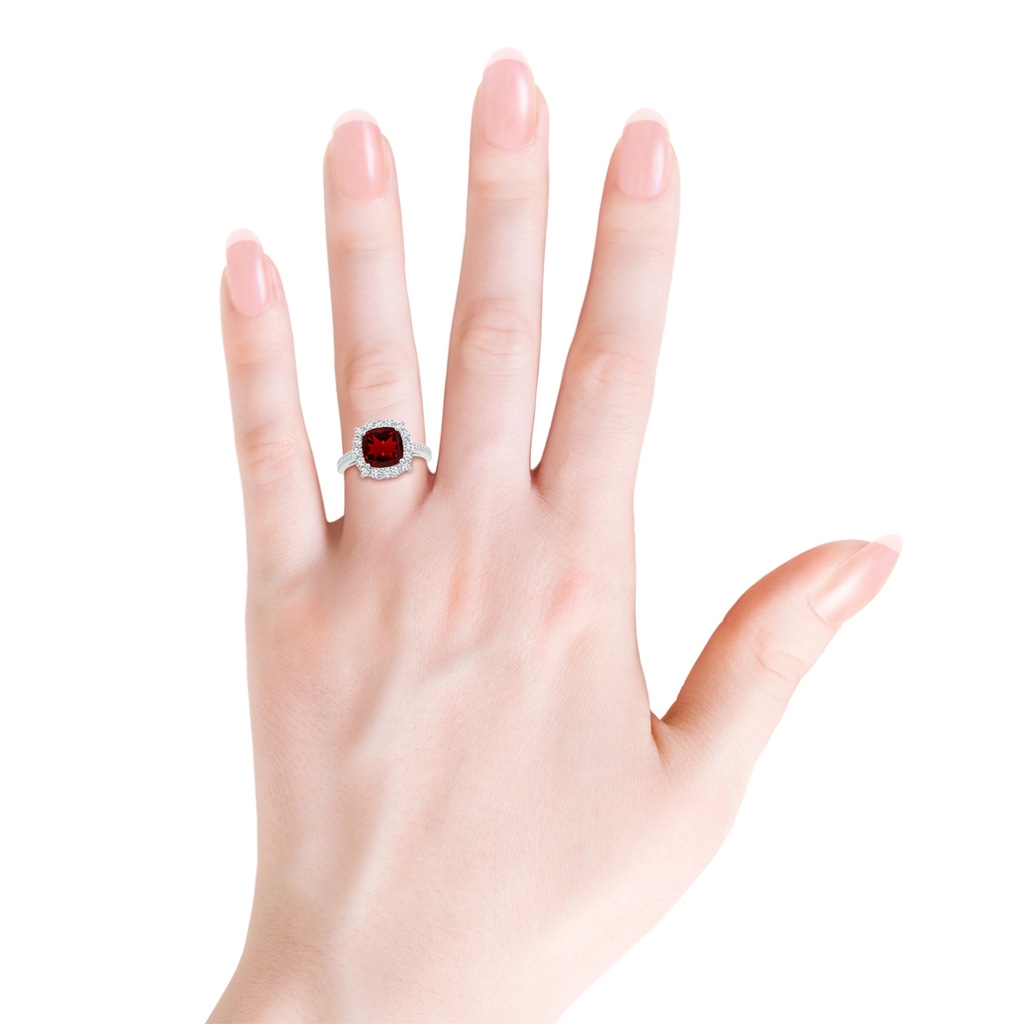 8mm AAAA Cushion Garnet Cocktail Ring with Diamond Halo in P950 Platinum Body-Hand
