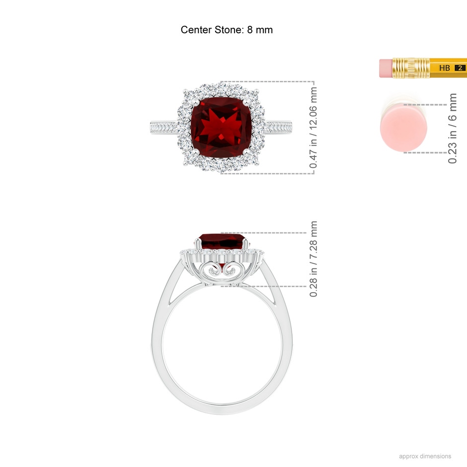 8mm AAAA Cushion Garnet Cocktail Ring with Diamond Halo in P950 Platinum ruler