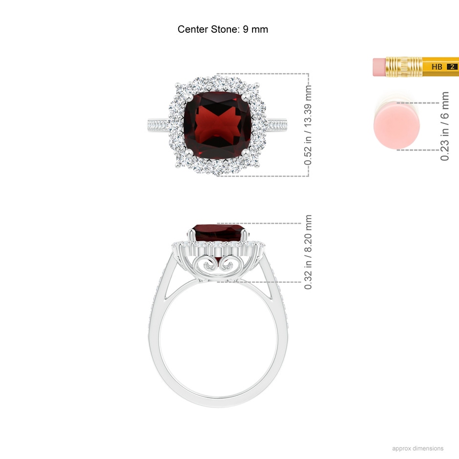 9mm AA Cushion Garnet Cocktail Ring with Diamond Halo in White Gold ruler