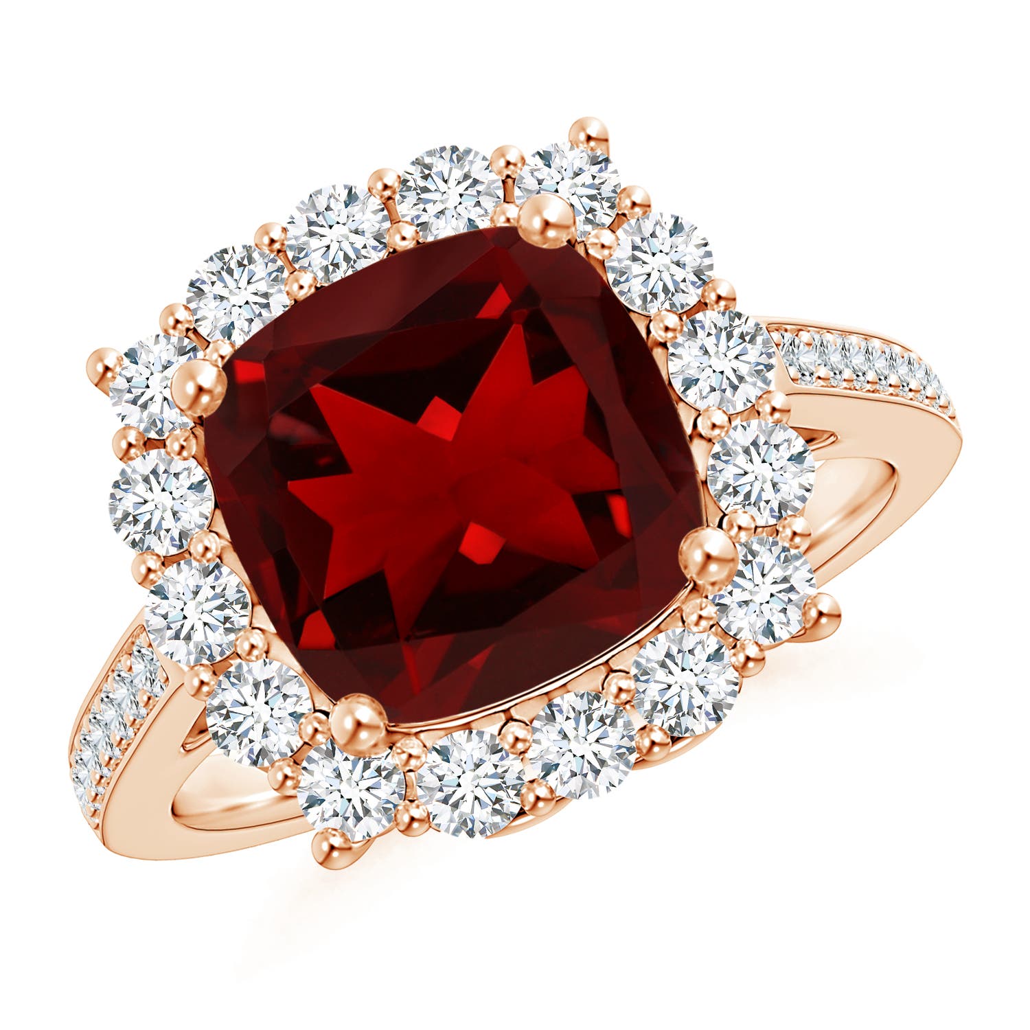 9mm AAAA Cushion Garnet Cocktail Ring with Diamond Halo in 18CT Rose Gold