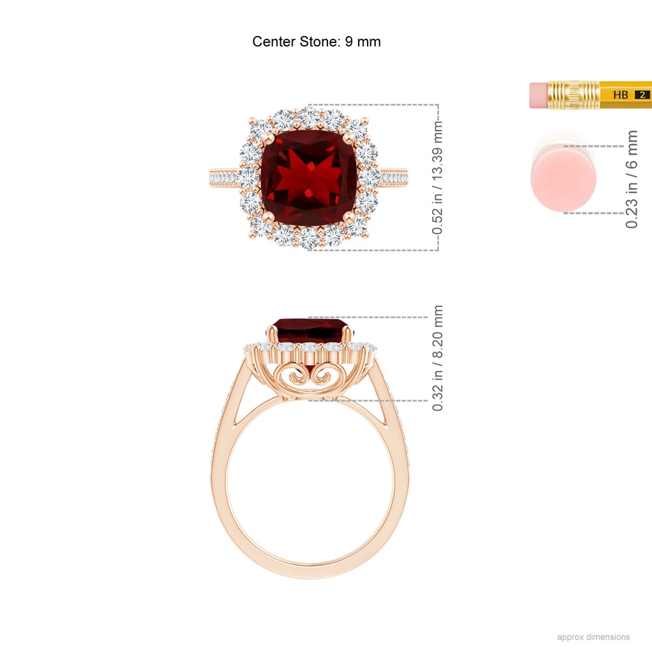 9mm AAAA Cushion Garnet Cocktail Ring with Diamond Halo in 18K Rose Gold ruler
