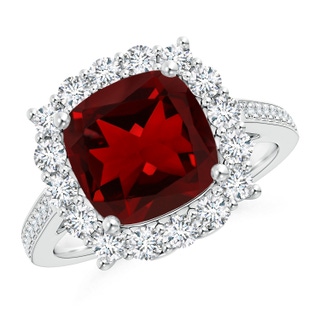 9mm AAAA Cushion Garnet Cocktail Ring with Diamond Halo in P950 Platinum