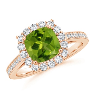 7mm AAAA Cushion Peridot Cocktail Ring with Diamond Halo in Rose Gold