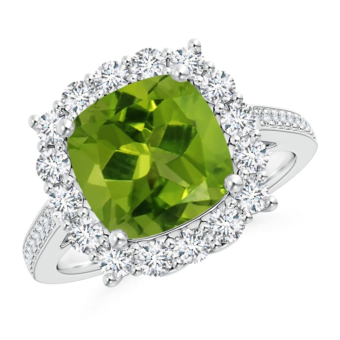 9mm AAAA Cushion Peridot Cocktail Ring with Diamond Halo in White Gold