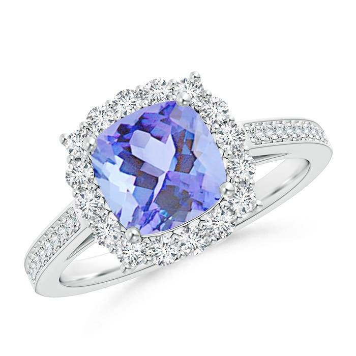 7mm A Cushion Tanzanite Cocktail Ring with Diamond Halo in P950 Platinum