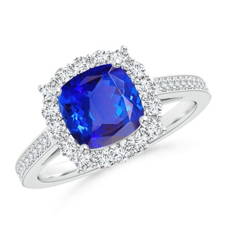 7mm AAA Cushion Tanzanite Cocktail Ring with Diamond Halo in 9K White Gold