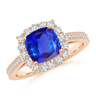 7mm AAA Cushion Tanzanite Cocktail Ring with Diamond Halo in Rose Gold
