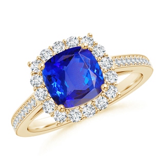 7mm AAA Cushion Tanzanite Cocktail Ring with Diamond Halo in Yellow Gold