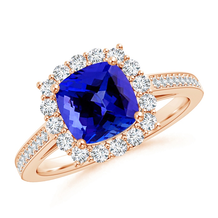 7mm AAAA Cushion Tanzanite Cocktail Ring with Diamond Halo in Rose Gold