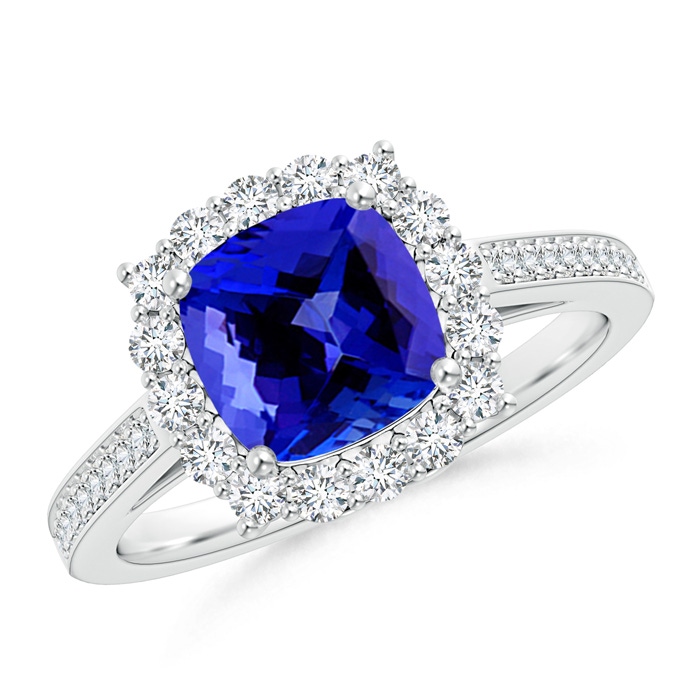 7mm AAAA Cushion Tanzanite Cocktail Ring with Diamond Halo in White Gold