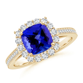 7mm AAAA Cushion Tanzanite Cocktail Ring with Diamond Halo in Yellow Gold