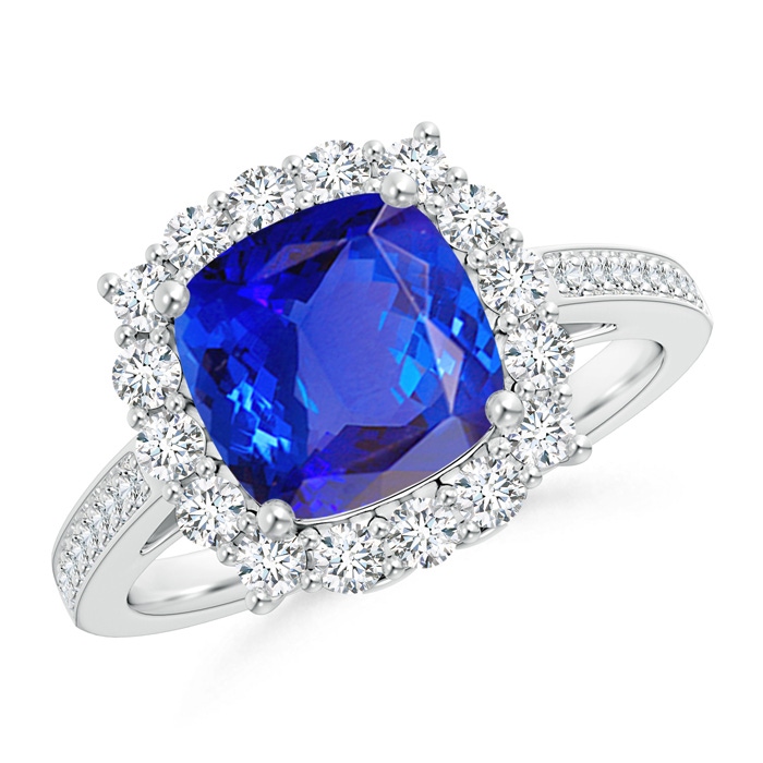 8mm AAA Cushion Tanzanite Cocktail Ring with Diamond Halo in P950 Platinum