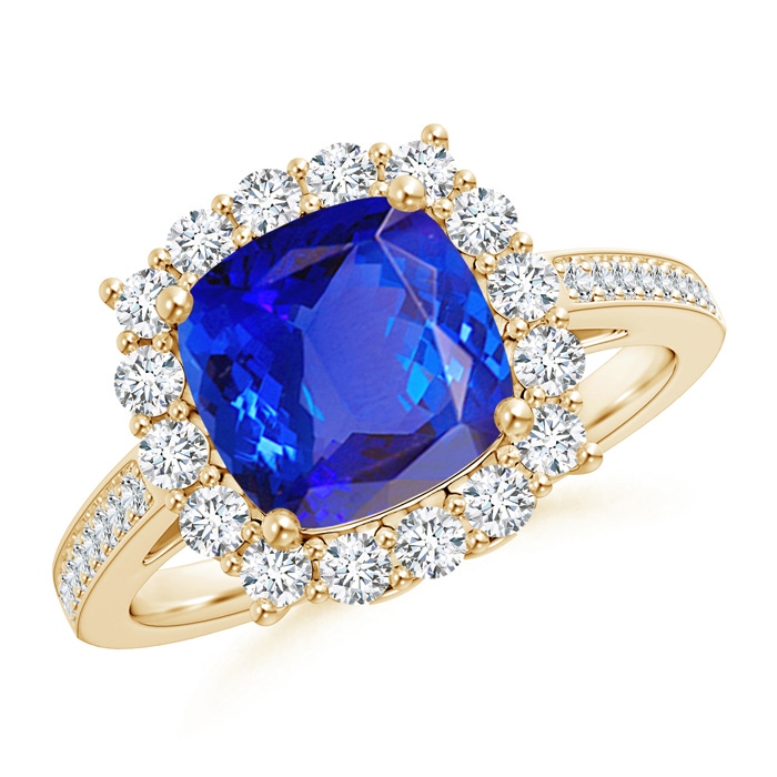 8mm AAA Cushion Tanzanite Cocktail Ring with Diamond Halo in Yellow Gold 