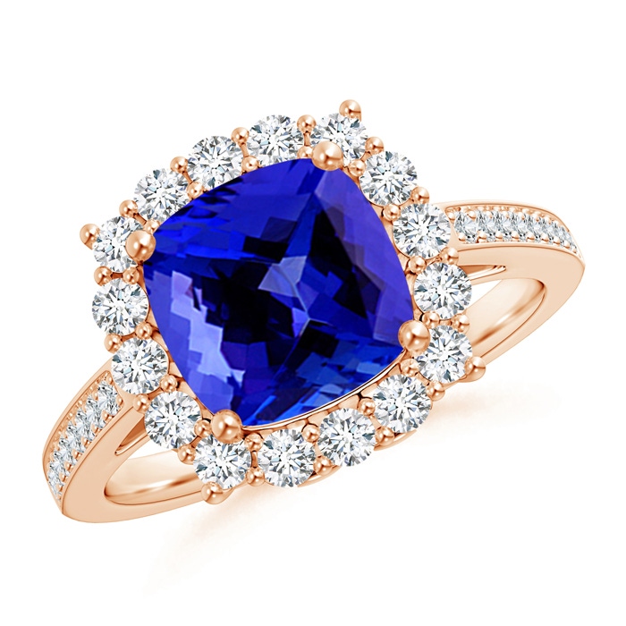 8mm AAAA Cushion Tanzanite Cocktail Ring with Diamond Halo in 9K Rose Gold 