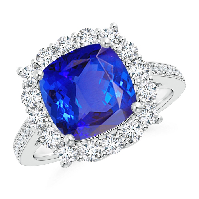 9mm AAA Cushion Tanzanite Cocktail Ring with Diamond Halo in White Gold 