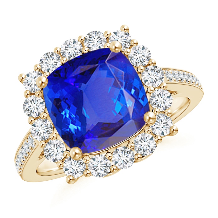 9mm AAA Cushion Tanzanite Cocktail Ring with Diamond Halo in Yellow Gold 