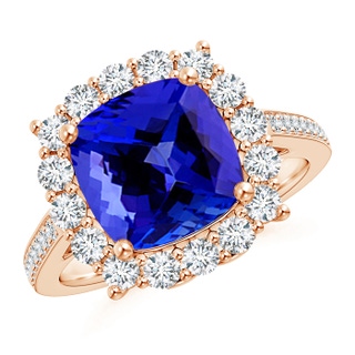 9mm AAAA Cushion Tanzanite Cocktail Ring with Diamond Halo in Rose Gold