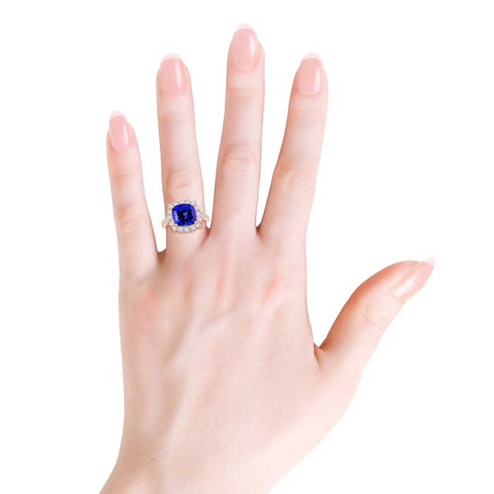 9mm AAAA Cushion Tanzanite Cocktail Ring with Diamond Halo in Rose Gold Body-Hand