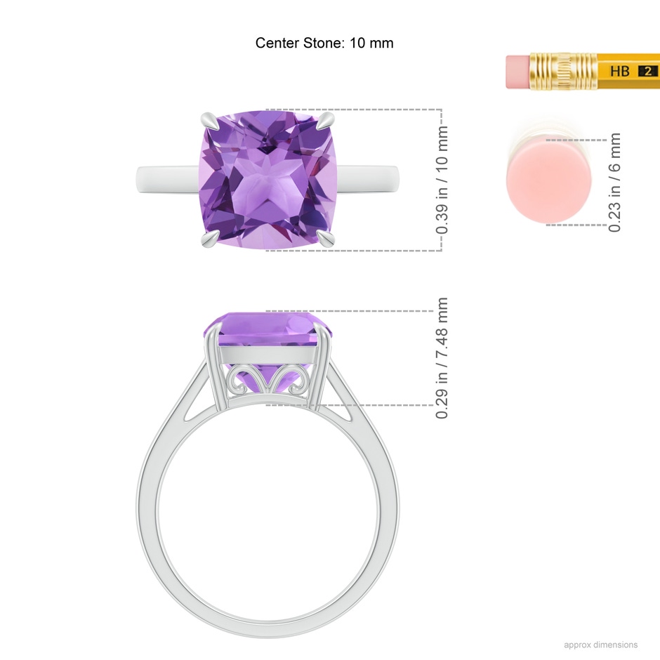 10mm A Classic Solitaire Cushion Amethyst Cocktail Ring in P950 Platinum ruler