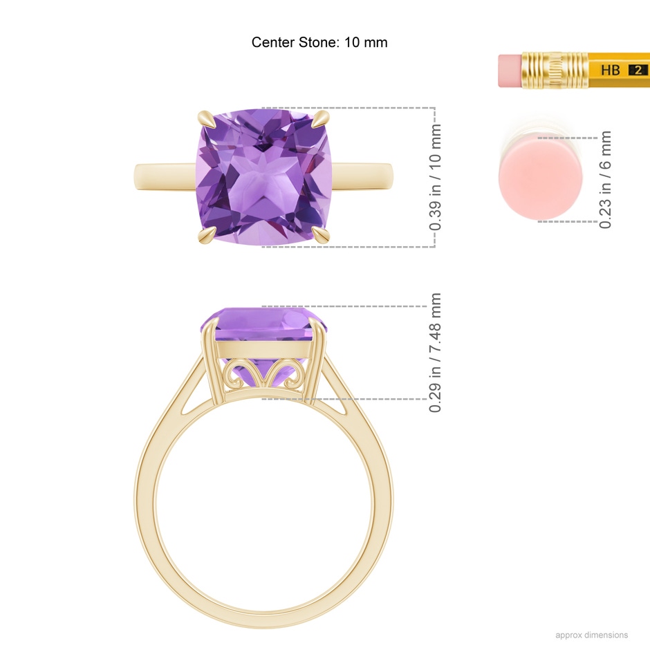 10mm A Classic Solitaire Cushion Amethyst Cocktail Ring in Yellow Gold ruler