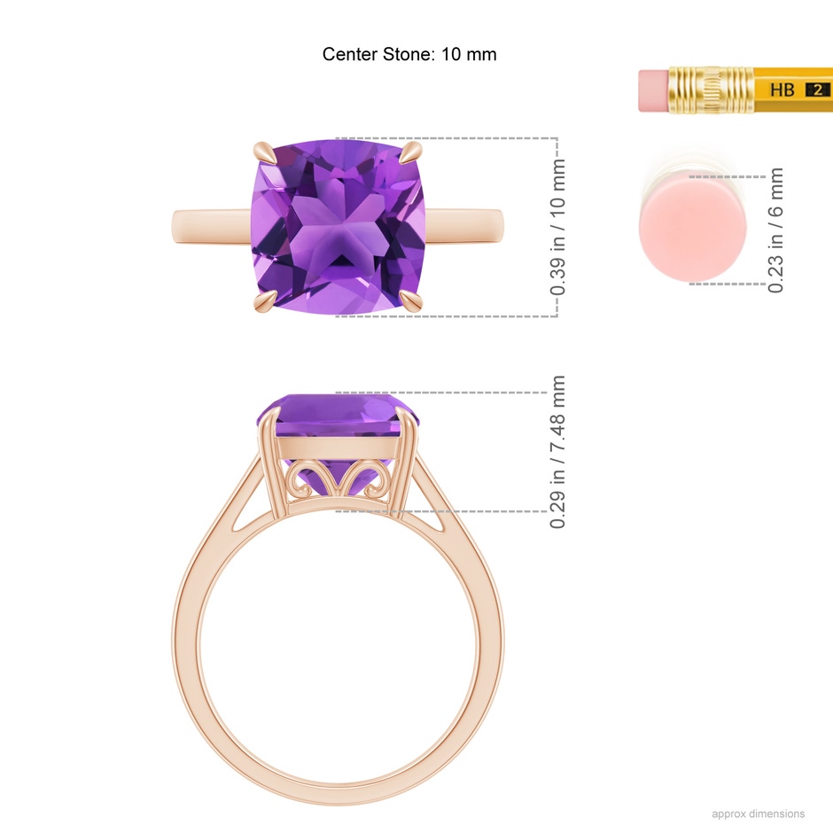 10mm AAA Classic Solitaire Cushion Amethyst Cocktail Ring in Rose Gold ruler