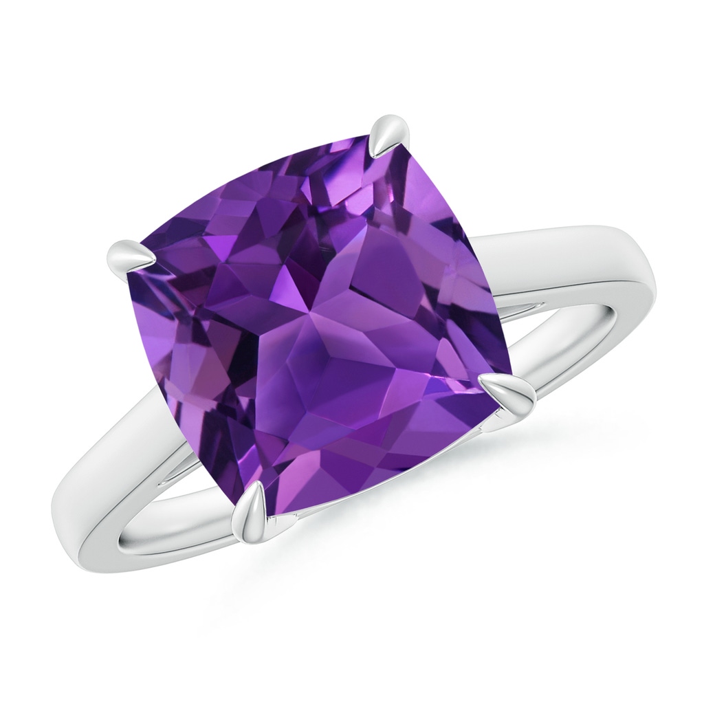 10mm AAAA Classic Solitaire Cushion Amethyst Cocktail Ring in 10K White Gold
