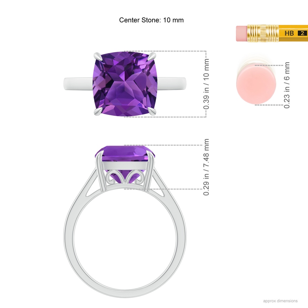10mm AAAA Classic Solitaire Cushion Amethyst Cocktail Ring in White Gold Ruler