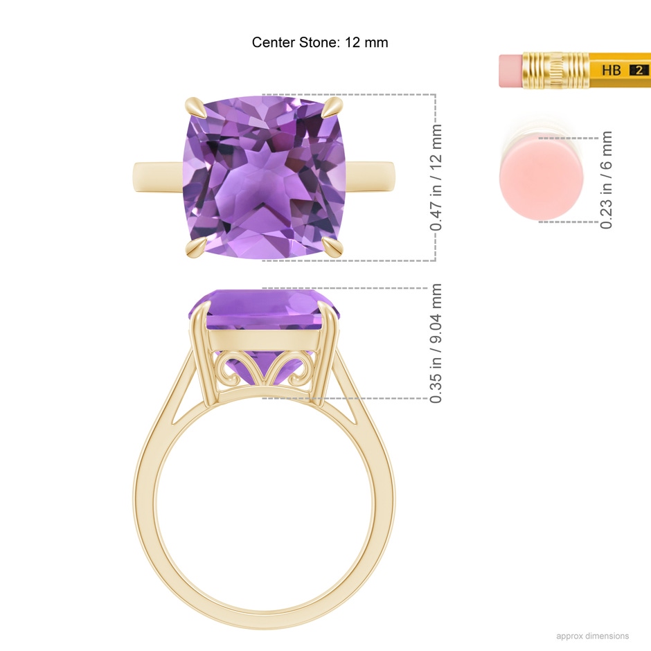 12mm AA Classic Solitaire Cushion Amethyst Cocktail Ring in Yellow Gold ruler