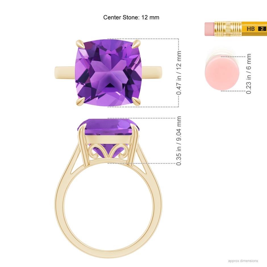 12mm AAA Classic Solitaire Cushion Amethyst Cocktail Ring in Yellow Gold ruler